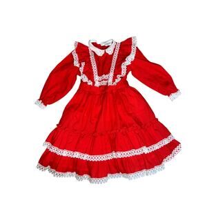 Vintage red lace frilly ruffled  girls red and white party dress 8 valentines